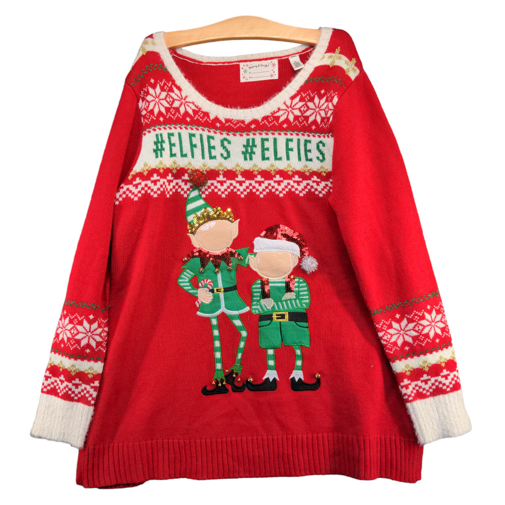 Merry & Bright Women's Christmas Holiday Sweater Red Size XL Oversized Elfies